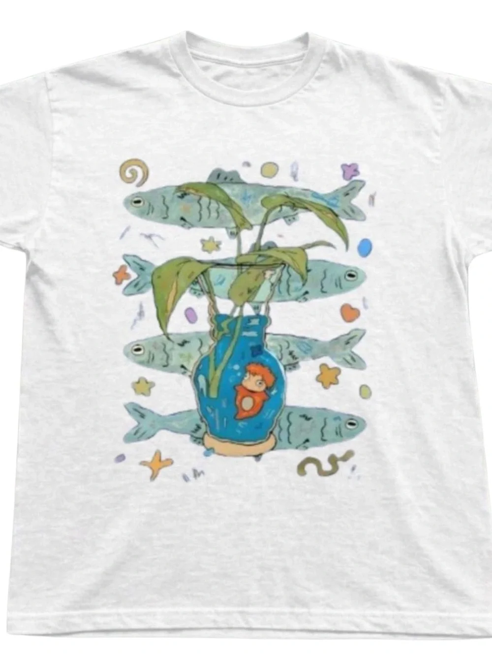 Gildan White Tee with Blue Vase & Sea Creatures Illustration